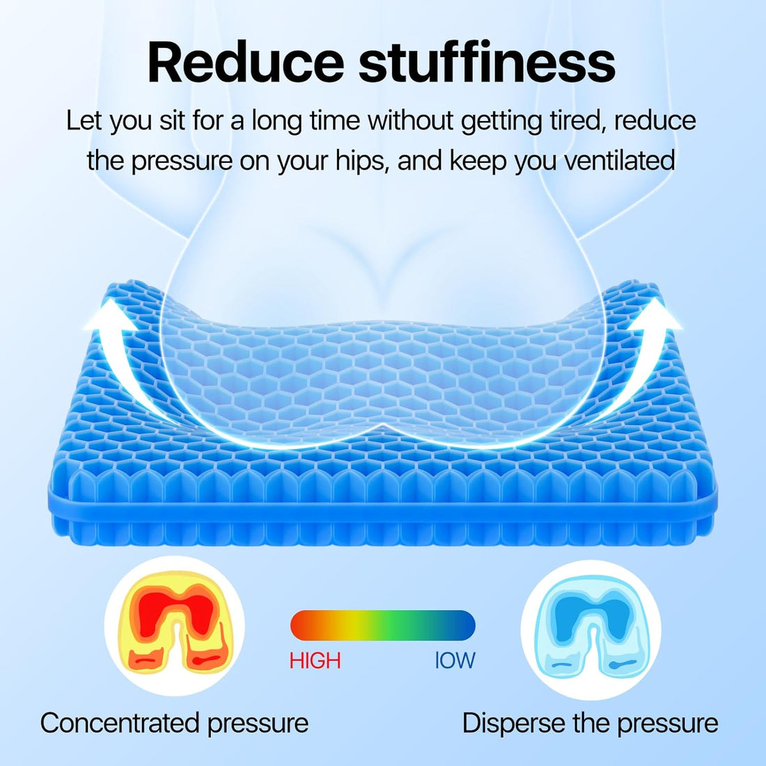 Car seat with a blue honeycomb seat cushion on a beige car interior.